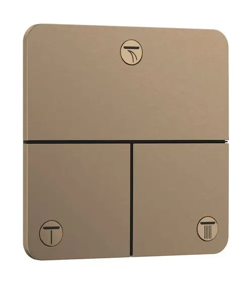 Hansgrohe Ventil mit zwei vertikalen und einem horizontalen Bedienfeld, geformt in gebürstetem Bronze, geeignet für mehrere Verbraucher. Symbole für Wasserfluss und Dusche erkennbar.